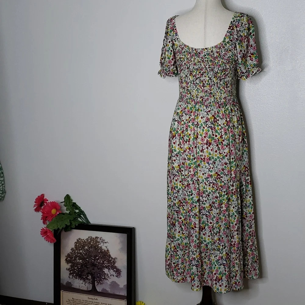 Boutique Boho Summer Floral Midi Dress Ruffle Calico Smocking Bohemian - Picture 12 of 14